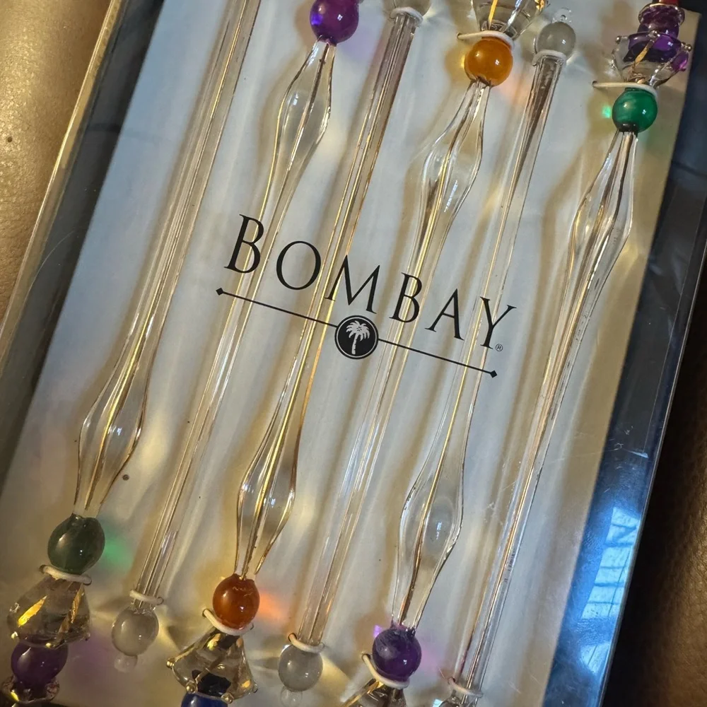 NIB Bombay set of six glass cocktail crown jewel swizzle sticks